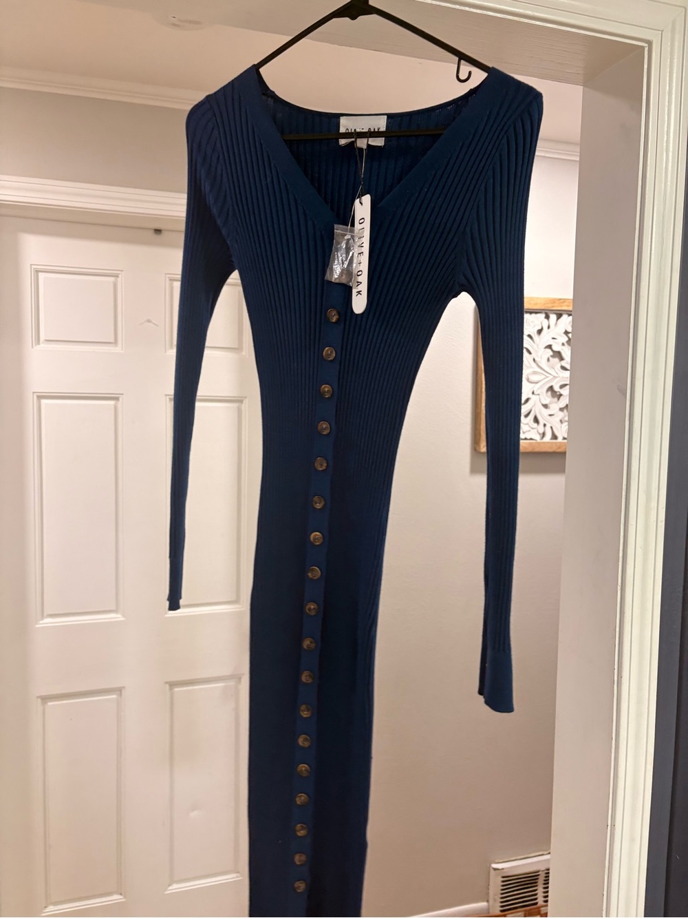 NWT-Olive + Oak-Navy Ribbed Button-Front Long Sleeve Dress